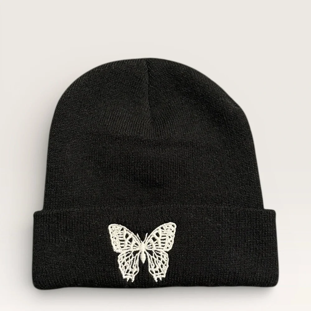 Black Knit Beanie with White Butterfly Embroidery